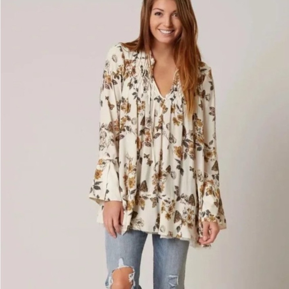 Free People Pebble Crepe So Fine Smocked Tunic Top in Ivory Combo - Small - Picture 7 of 13